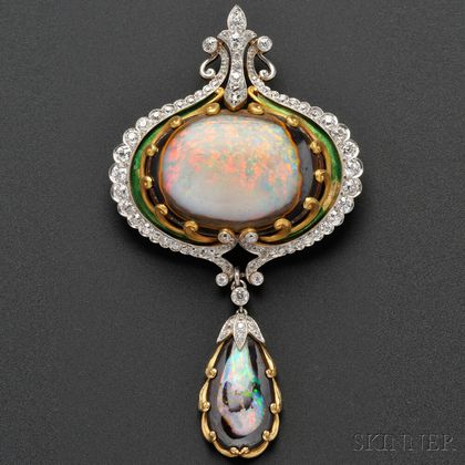 Art Nouveau Opal, Diamond, and Enamel Brooch, Marcus & Co.
