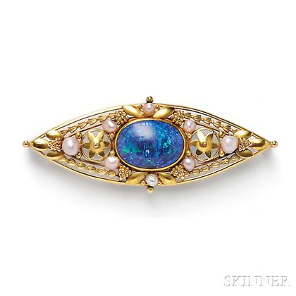 Art Nouveau 14kt Gold, Opal, and Pearl Brooch