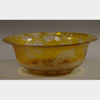 Large Bohemian Etched Amber Flash Art Glass Punch Bowl