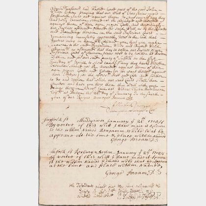 Dudley, Paul (1675-1751) Document Signed, Boston, 22 January 1705.