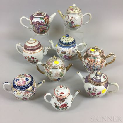 Nine Chinese Export Globular Porcelain Teapots