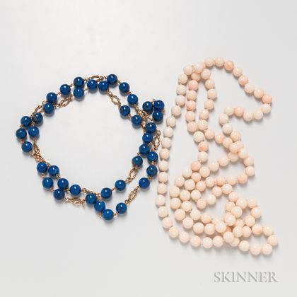 Angelskin Coral Bead Necklace and an 18kt Gold and Lapis Bead Necklace