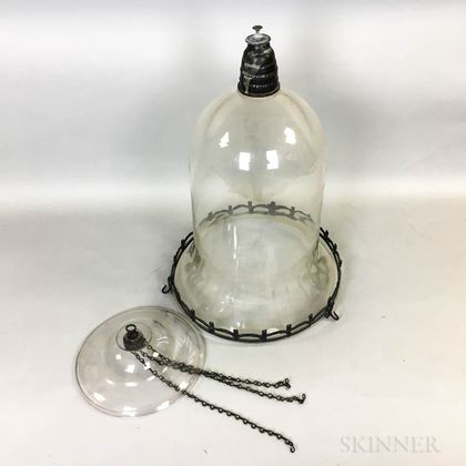 Large Blown Colorless Glass and Brass Hanging Light Shade