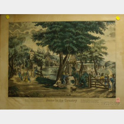 Walnut Framed Currier & Ives Hand-colored Lithograph Home in the Country