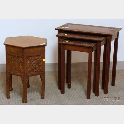 Three Asian Carved Mahogany Nesting Stands and a Renaissance-style Octagonal Carved Mahogany Tabouret. 