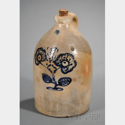 Three-gallon Stoneware Jug with Cobalt Flower Blossom Decoration