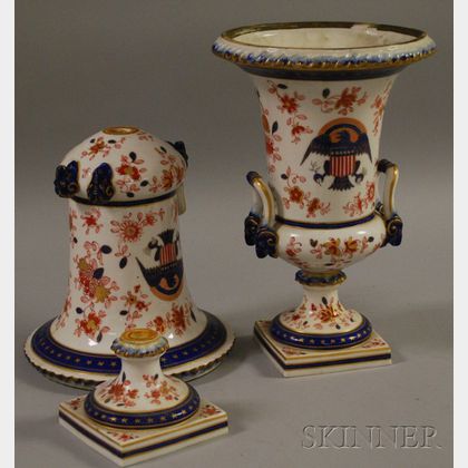 Pair of Samson-type American Eagle and Shield Armorial Decorated Porcelain Urns
