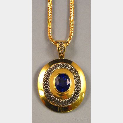 18kt Bicolor Gold and Sapphire Pendant on 14kt Gold Square-link Italian Chain
