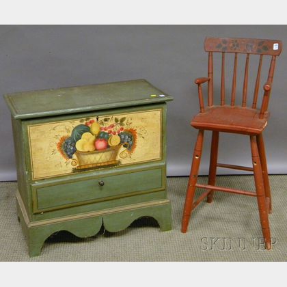 Cape Cod Polychrome Paint-decorated Childs Blanket Chest over Drawer and a Red-painted and Stencil-decorated Childs Rod-back High ... 