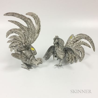 Pair of Silvered Gamecocks