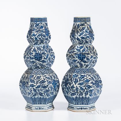 Pair of Blue and White Triple Gourd Vases