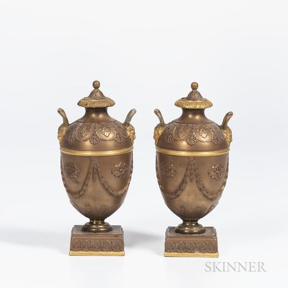 Pair of Bronzed Black Basalt Vases and Covers