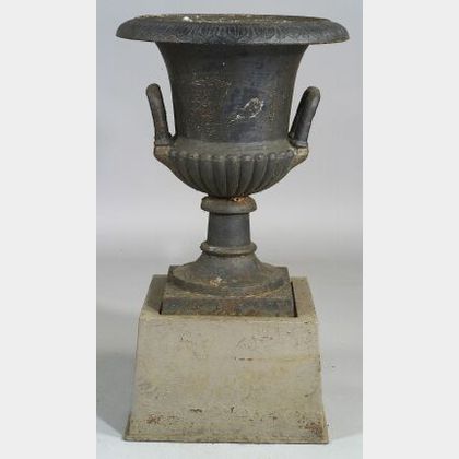 Black-Painted Classical Revival Cast Iron Garden Urn on Plinth