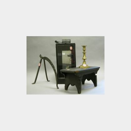 Tin Lantern, Wrought Iron Spit Stand, Brass Candlestick and Black Painted Wooden Cricket. 