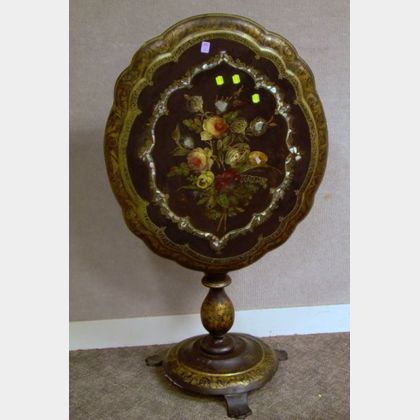 Victorian Gilt and Floral Decorated Lacquered Papier-Mache Tilt-top Stand. 