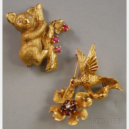 Two 14kt Gold Gem-set Animal Brooches