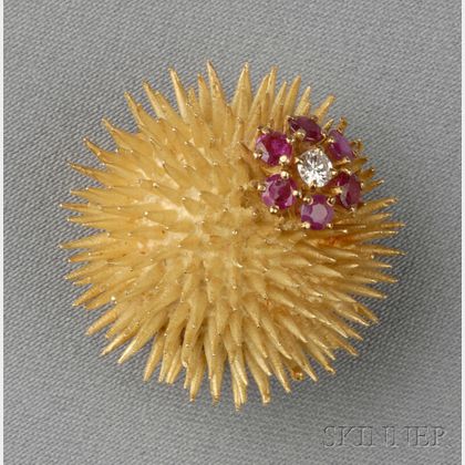 18kt Gold, Ruby, and Diamond, Sea Urchin Brooch, Tiffany, and Co.