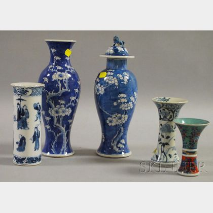 Four Chinese Porcelain Blue and White Decorated Vases and a Polychrome Decorated Vase