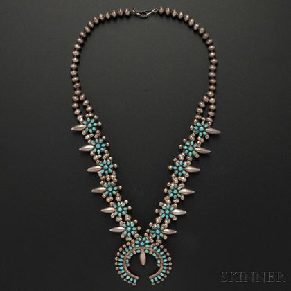 Zuni Silver and Turquoise Squash Blossom Necklace