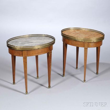 Two Louis XV-style Marble-top Fruitwood Tables