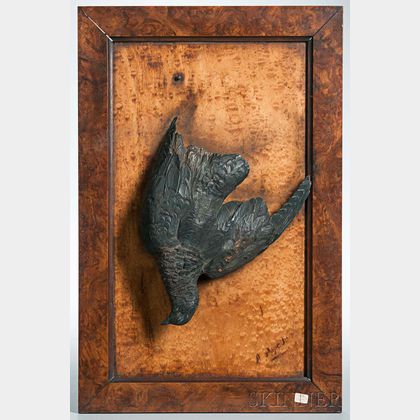 Alexander Pope (Massachusetts, 1849-1924) Painted Carving of a Hanging Quail Mounted on Bird's-eye Maple Panel