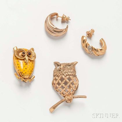 Two 14kt Gold Owl Brooches