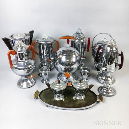 Group of Art Deco Chrome and Bakelite Coffeepots and Accessories