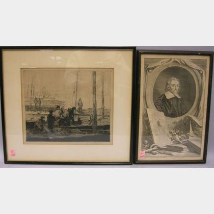 George Elmer Browne Print of a Quayside and a Portrait Engraving of William Harvey, M.D.