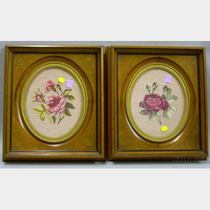 Pair of Victorian Eastlake-type Walnut Framed Floral Needlepoint Panels