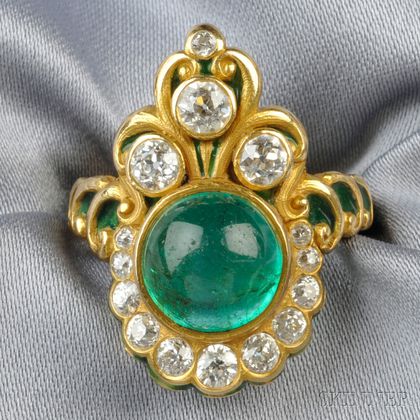 Art Nouveau 18kt Gold, Emerald, Enamel, and Diamond Ring, Marcus & Co.