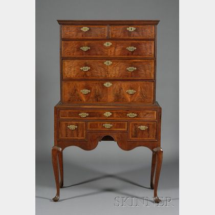 Queen Anne Walnut Veneer and Maple High Chest of Drawers