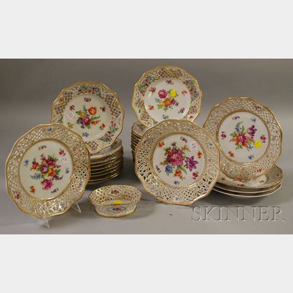 Thirty-one Pieces of Schumann Gilt and Floral Decorated Porcelain Tableware with Reticulated Rims