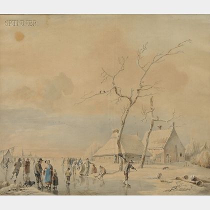 Johannes Cornelis Haccou (Dutch, 1798-1839) Animated Winter Scene with Skaters.