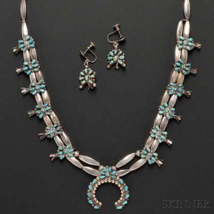 Zuni Silver and Turquoise Squash Blossom Necklace with Matching Earrings