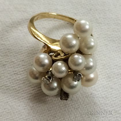 14kt Gold, Pearl, and Diamond Cluster Ring