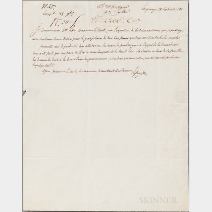 Lafayette, Marquis de (1757-1834) Autograph Letter Signed, La Grange, 18 September 1811.