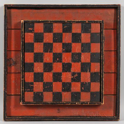 Red and Black-painted Paneled Checkers Game Board
