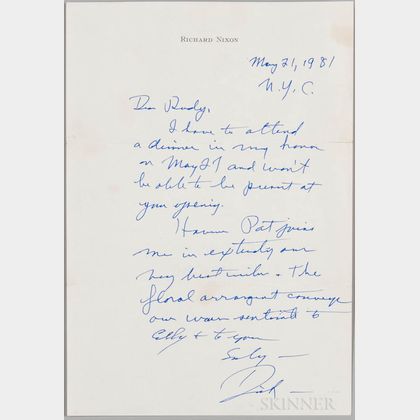 Nixon, Richard (1913-1994) Autograph Letter Signed, New York City, 21 May 1981.