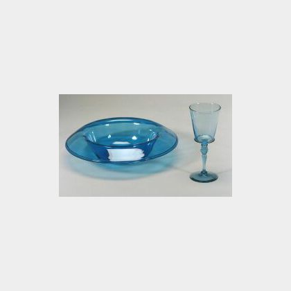 Carder Steuben Celeste Blue Glass Centerbowl and Goblet