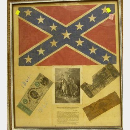 Framed Confederate Flag and Three Pieces of Confederate-type Currency. 