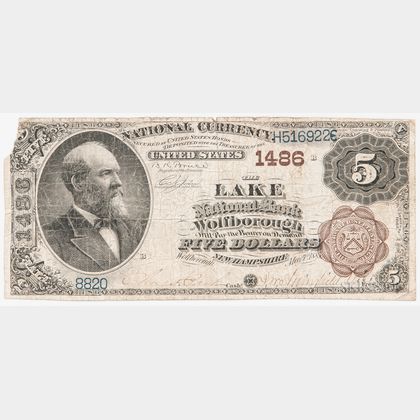 1882 The Lake National Bank of Wolfborough Brown Back $5 Note