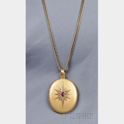 Antique 14kt Gold Ruby and Diamond Locket on Chain