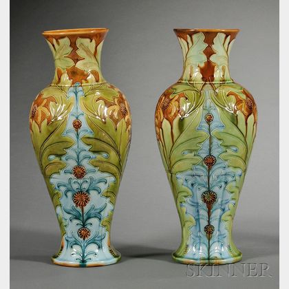 Pair of Wedgwood Harry Barnard Decorated Majolica Vases
