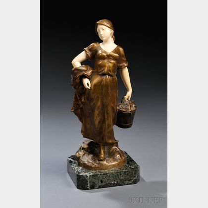 After Theophile Somme (French, 1871-1952) Bronze and Ivory Figure of a Peasant Girl with a Pail