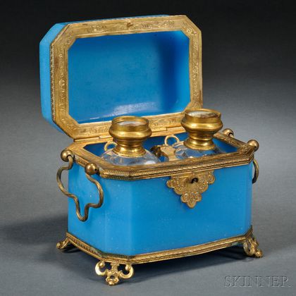 Brass-mounted Blue Opaline Box and Cover