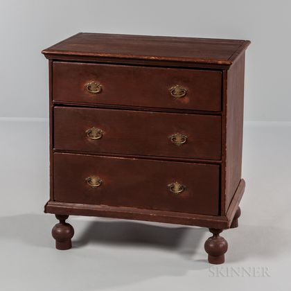 Small Red-painted Pine Three-drawer Chest on Bun Feet