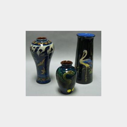 Aller Vale Collard Butterfly and Bird Vase, a Longpark Dragon Vase, and a Daison Art Pottery Cranes Vase. 