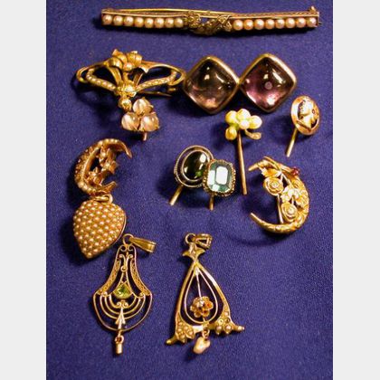Group of Fourteen Art Nouveau Seed Pearl and Gem-set Jewelry Items