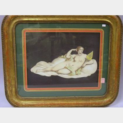 Framed Victorian Lithograph of a Reclining Nude Woman. 