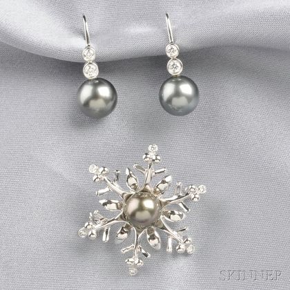 Two Black Cultured Pearl and Diamond Jewelry Items, Mikimoto